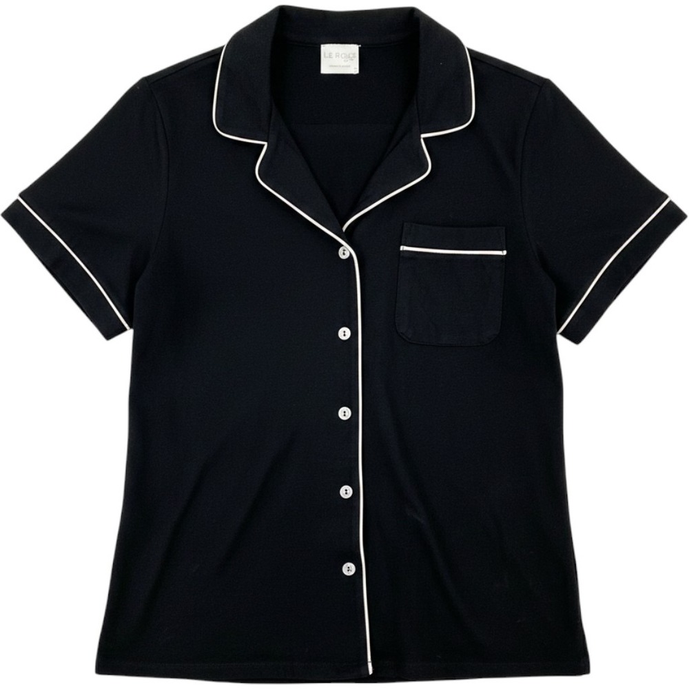Le Rose Stories Pajama Top Black White Contrast Piping Short Sleeve Medium